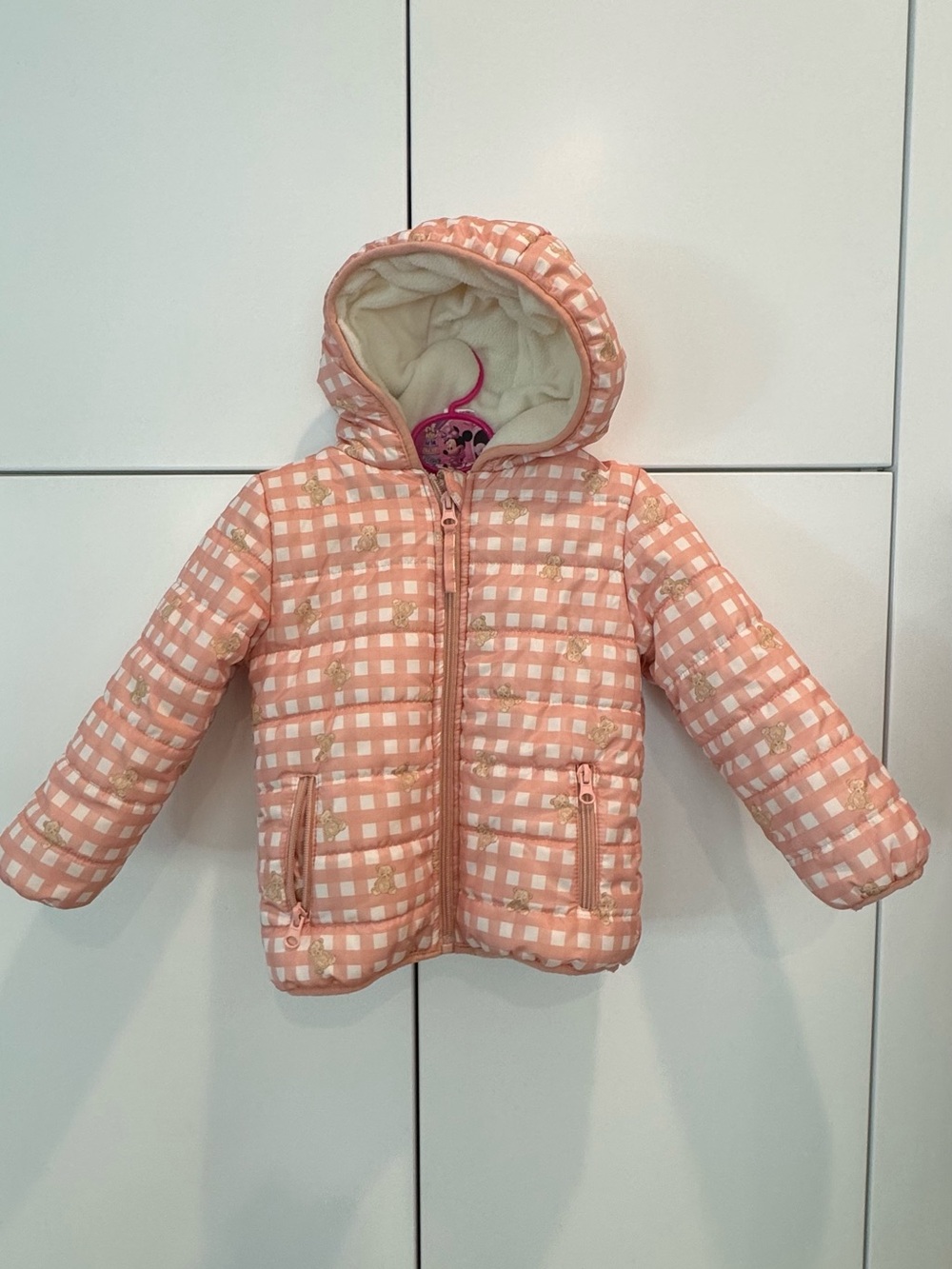 Girls Puffy Hooded Jacket - Pink Gingham
